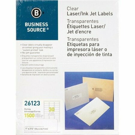 BUSINESS SOURCE Mailing Labels, Laser, 1inx2-3/4in, Clear, 1500PK BSN26123